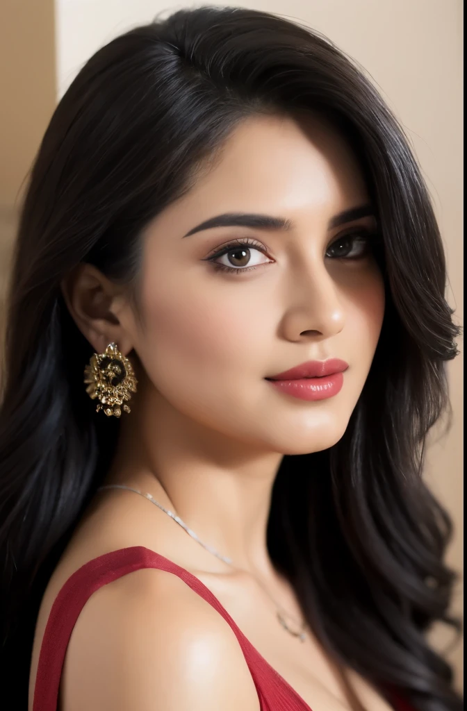 side topless portrait of A confident-looking indian woman, kamasutra princess with long flowing hair, hazel eyes, wearing designer jewellery, visible c-cup breast in a club, in a club, bokeh perfect composition, hyperrealistic, super detailed, 8k, high quality, trending art, trending on artstation, sharp focus, photo shoot, intricate details, highly detailed, art by greg rutkowski