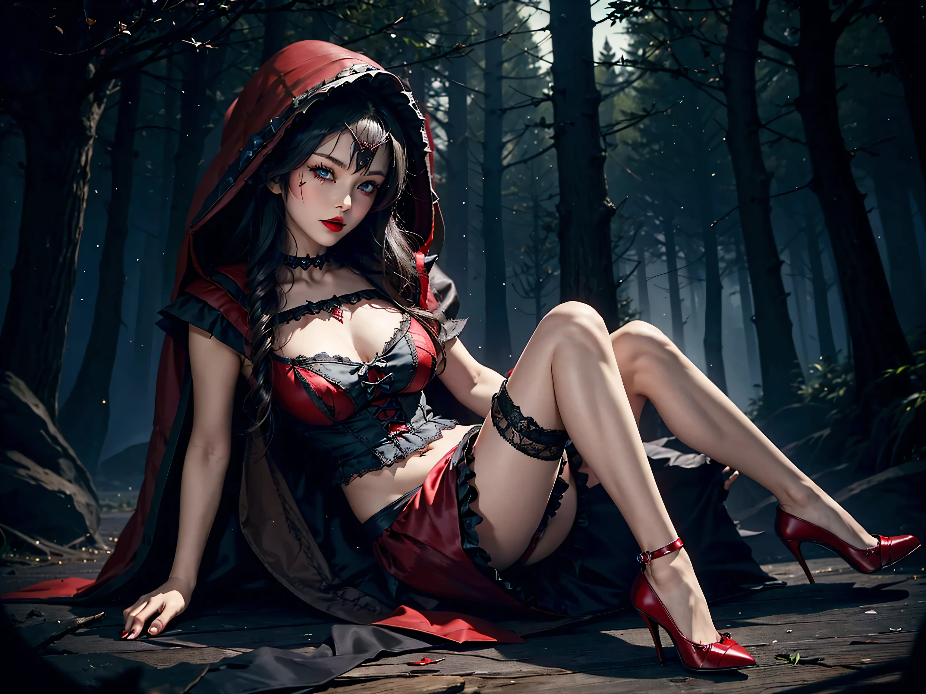 Gothic Punk、(((Little Red Riding Hood)))、gypsy、Crystal Jade、skirt、High heels、garter belt、Beautiful feet、Beautiful Legs、Lying down、Temptation Pose、Sexy pose、Sexy look、Blue Eyes、Red lips、Full screen、mask