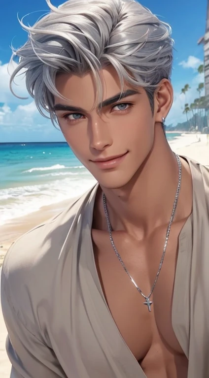 1 boy,Handsome,tall and strong,perfect male figure, eyes looking at camera, ((tanned skin)),beach,silver hair,serious expression,necklace,Ray tracing. Smiling 😊,