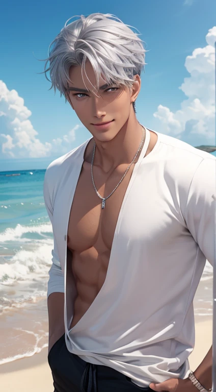 1 boy,Handsome，tall and strong,perfect male figure, eyes looking at camera, ((tanned skin)),beach，silver hair,serious expression,necklace,Ray tracing. Smiling 😊,