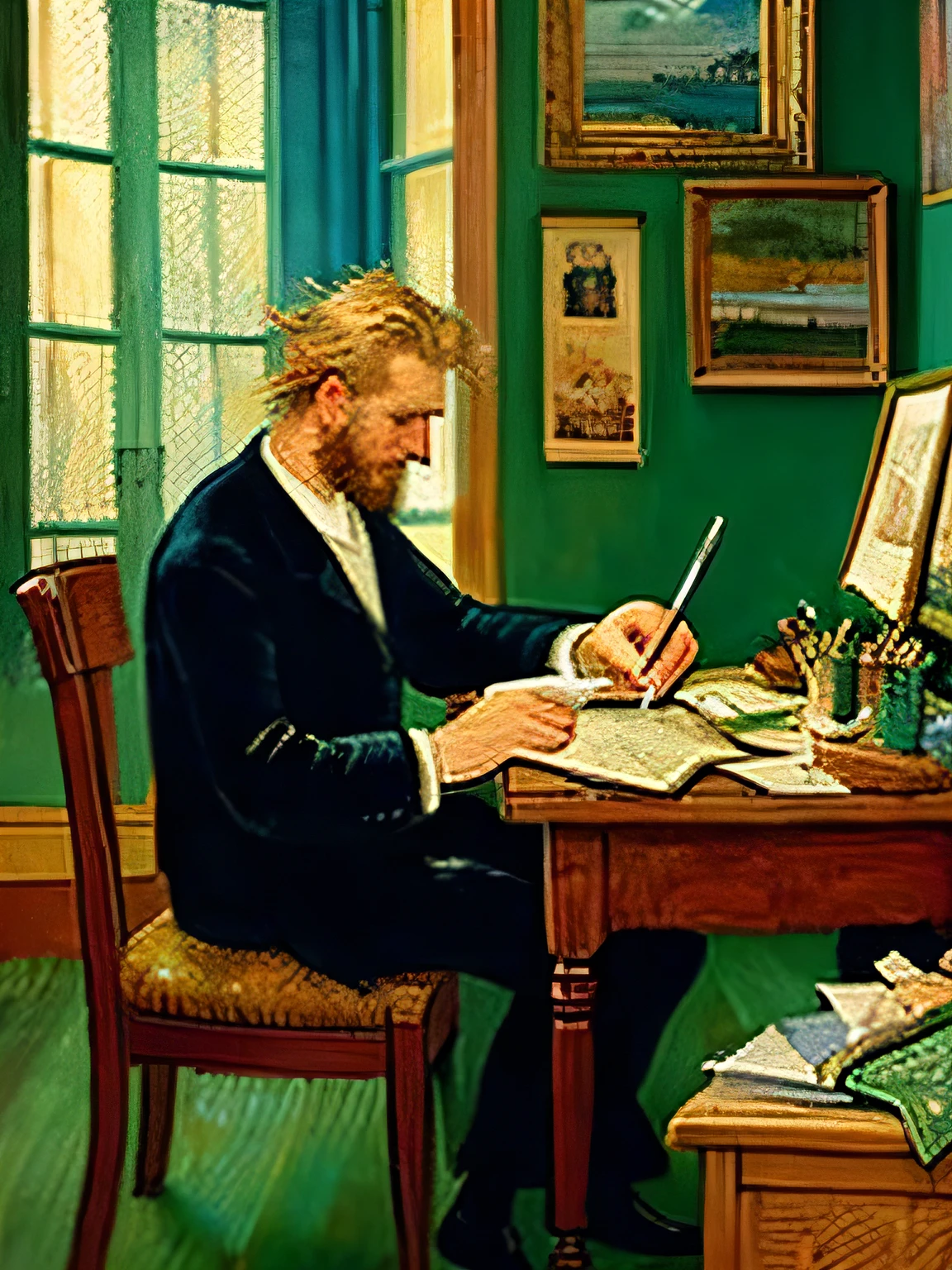 Produce a painting of a man writing in his study at home in the style of Vincent van Gogh.