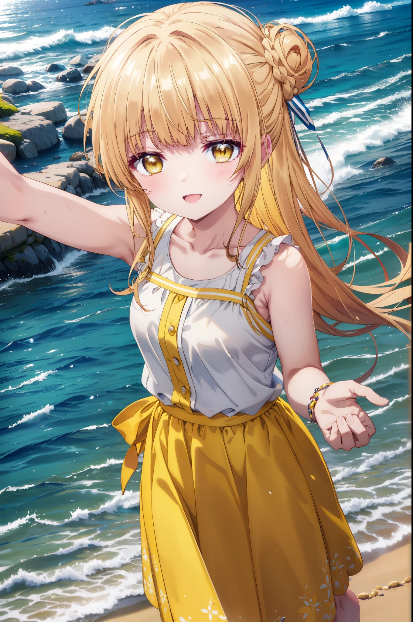 mahirushiina, Mahiru shiina, Long Hair, bangs, Blonde Hair, Brown Hair, (Yellow Eyes:1.3), happy smile, smile, Open your mouth,smile,Black jacket,Hair Bun, double Hair Bun,Yellow sleeveless dress,Yellow long skirt、barefoot,Strolling on the sandy beach,True Summer,Daytime,coastal通,whole bodyがイラストに入るように,
break outdoors, coastal,
break looking at viewer, whole body,
break (masterpiece:1.2), highest quality, High resolution, unity 8k wallpaper, (figure:0.8), (Beautiful fine details:1.6), Highly detailed face, Perfect lighting, Highly detailed CG, (Perfect hands, Perfect Anatomy),