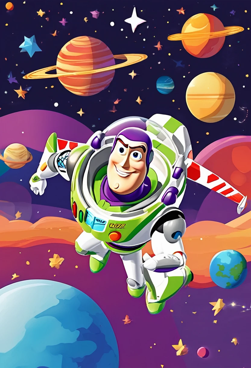 Vector illustration:vector illustration,toy story,Buzz Lightyear traveling through space,POP outer space background,rocket,stars and planets,cartoon,Highest quality,masterpiece, Adobe Illustrator,draw with thick lines,,cute,pop,,Cast colorful spells,Nice background image,masterpiece,最高masterpiece,Light and shadow,Draw carefully,,Bright colors,Fantasy,Fancy,rendering,Magical Elements,BREAK,Buzz Lightyear,Carefully drawing Buzz Lightyear's face,cool,Anatomically correct,Very detailed,Incredibly absurd,A dreamlike illustration