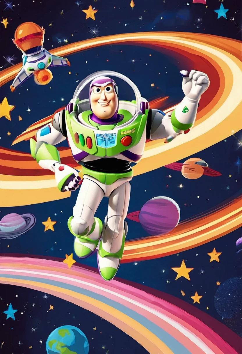 Vector illustration:vector illustration,toy story,Buzz Lightyear traveling through space,POP outer space background,rocket,stars and planets,cartoon,Highest quality,masterpiece, Adobe Illustrator,draw with thick lines,,cute,pop,,Cast colorful spells,Nice background image,masterpiece,最高masterpiece,Light and shadow,Draw carefully,,Bright colors,Fantasy,Fancy,rendering,Magical Elements,BREAK,Buzz Lightyear,Carefully drawing Buzz Lightyear&#39;s face,cool,Anatomically correct,Very detailed,Incredibly absurd,A dreamlike illustration