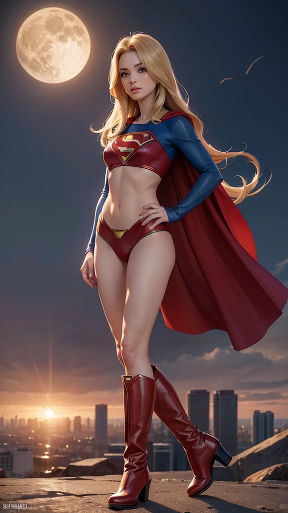 Supergirl volando, semidesnuda, traje iconico sexy espectacular con capa roja, logo de Superman en la capa, very sexy small clothes, guantes rojos adornados, botas rojas adornadas, joven, cuerpo muy delgado, super skynny body, small and beautiful buttocks, abdomen tonificado, I can see her beautiful and perfect small breasts,piernas hermosas, manos perfectas, intelligent, parriculas de luz rodean su cuerpo, poder resplandeciente, obscena, super powerful, sensual, metropolis city, se observa la luna grande en el fondo,mirada sensual, ojos hermosos,long hair, classic hairstyle,Hair dyed in bright blonde color, Best quality,8K,A high resolution,Masterpiece,Ultra detailed,Realistic, Photorealistic,photo realistic