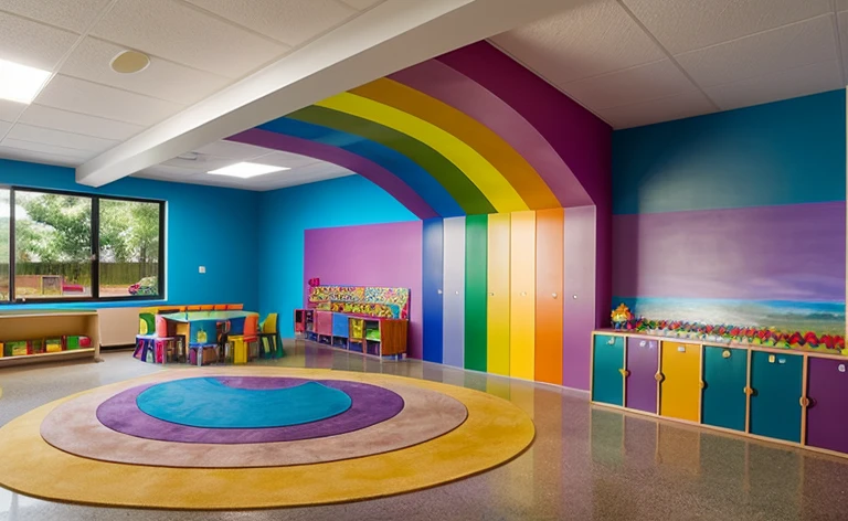 Colorful preschool architectural design inspired by the 7 colors of the rainbow:1.3