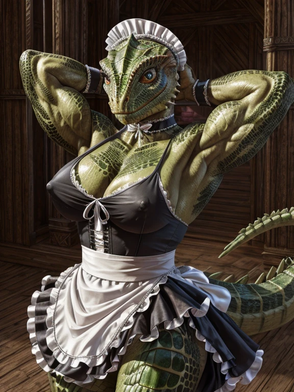 muscular female argonian.cute eyes. maid outfit. full body. bulky arm muscles. nipple outline. super strength 