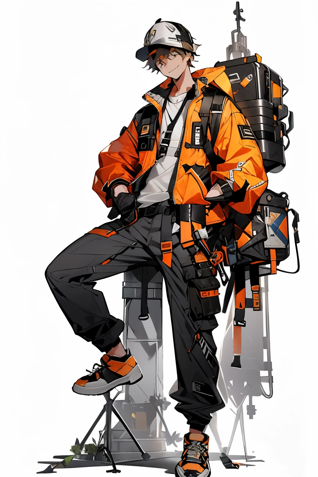 solo, looking_at_viewer, smile, long_hair, orange_hair, simple_background, shirt, blue_eyes, hat, gloves, 1boy, sitting, jacket, full_body, male_focus, open_clothes, shoes, black_gloves, white_pants, bag, open_jacket, orange_jacket, black_headwear, sneakers, white_shirt, hand_in_pocket