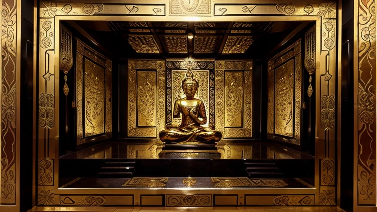Gold frame, black filling, sparkling effect, ancient pictures designed with Thai patterns, an exquisitely decorated Thai courtyard. Conveying the story of Buddha's life, the gold-inlaid pattern beautifully describes the fascinating story of the Lord Buddha. From the decision to renounce worldly life to enlightenment. Conveying valuable teachings to humanity