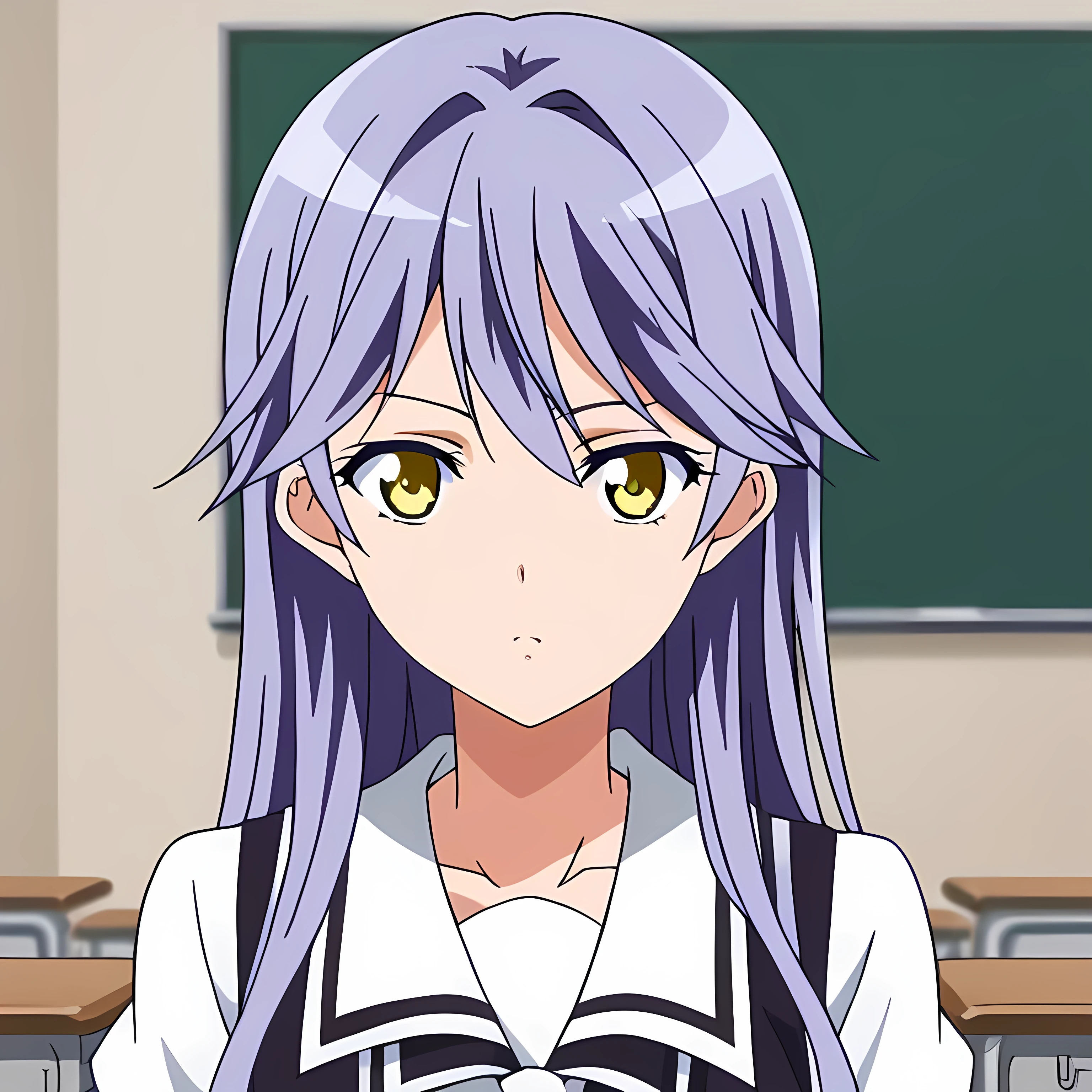  source_anime, long hair, yellow eyes, purple hair,
indoors, classroom,
solo icon 