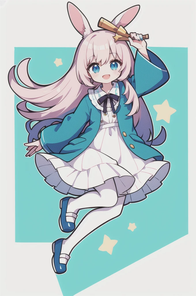1girl, animal ears, pink hair, long hair, rabbit, open mouth, smile, rabbit ears, bow, solo, white background, dress, pantyhose, wand, blue eyes, looking at viewer, :d, full body, simple background, nail polish, striped, holding, arm up, hair bow, long sleeves, puffy sleeves, aqua footwear, shoes, blue footwear, jumping, animal, blush, argyle, star (symbol), holding wand, very long hair, ribbon,   