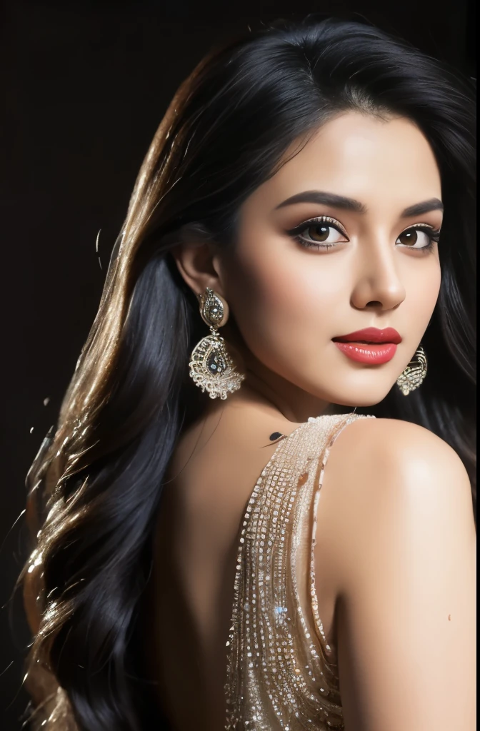 side topless portrait of A confident-looking indian woman, kamasutra princess with long flowing hair, hazel eyes, wearing designer jewellery, visible c-cup breast in a club, in a club, bokeh perfect composition, hyperrealistic, super detailed, 8k, high quality, trending art, trending on artstation, sharp focus, photo shoot, intricate details, highly detailed, art by greg rutkowski