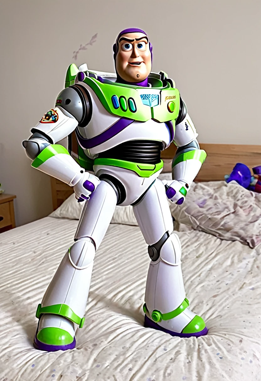 Pixar's Buzz Lightyear acting all dramatic as he battles other toys, dramatic poses, messy bedroom, awestruck toys watch