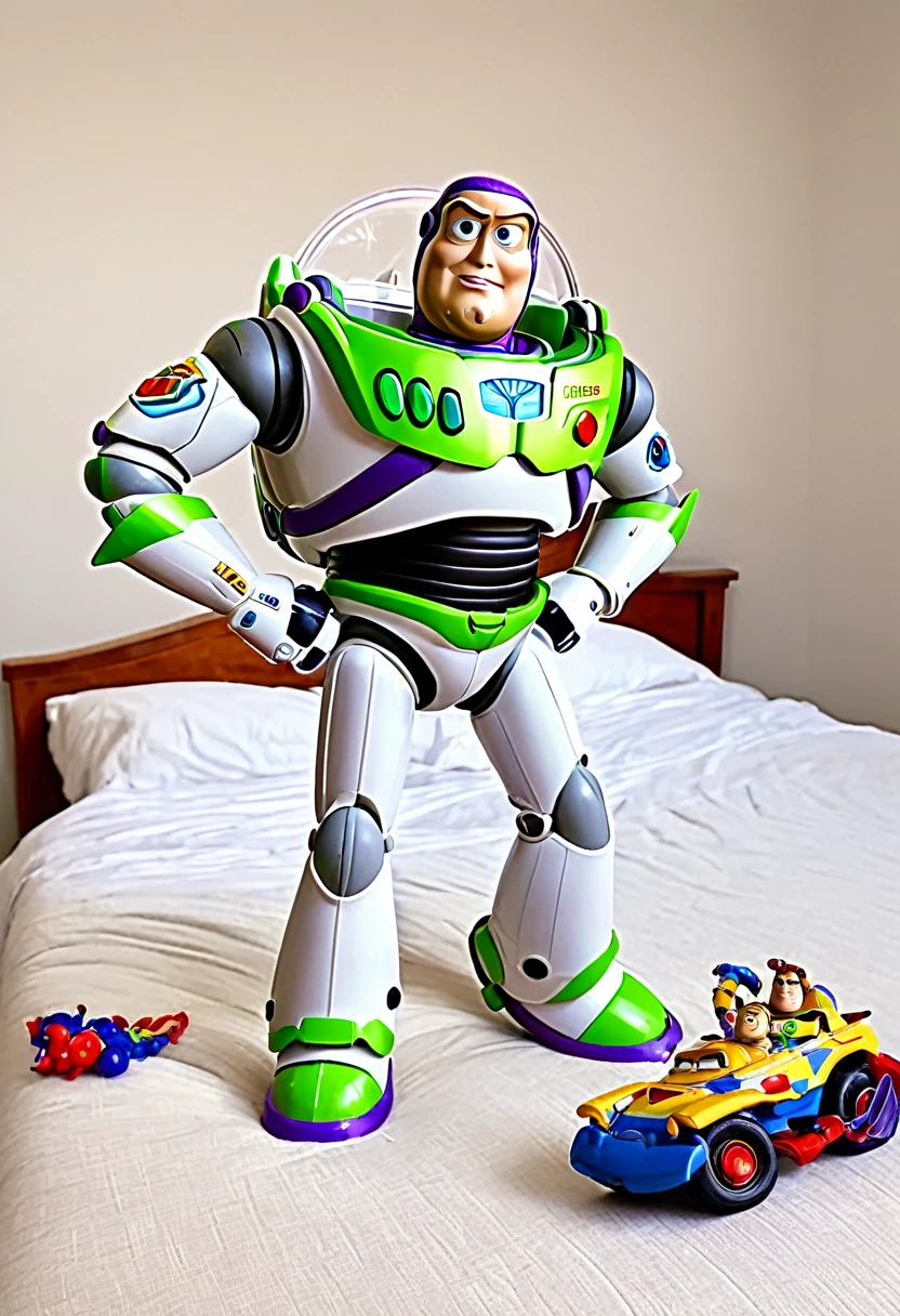 Pixar's Buzz Lightyear acting all dramatic as he battles other toys, dramatic poses, messy bedroom, awestruck toys watch