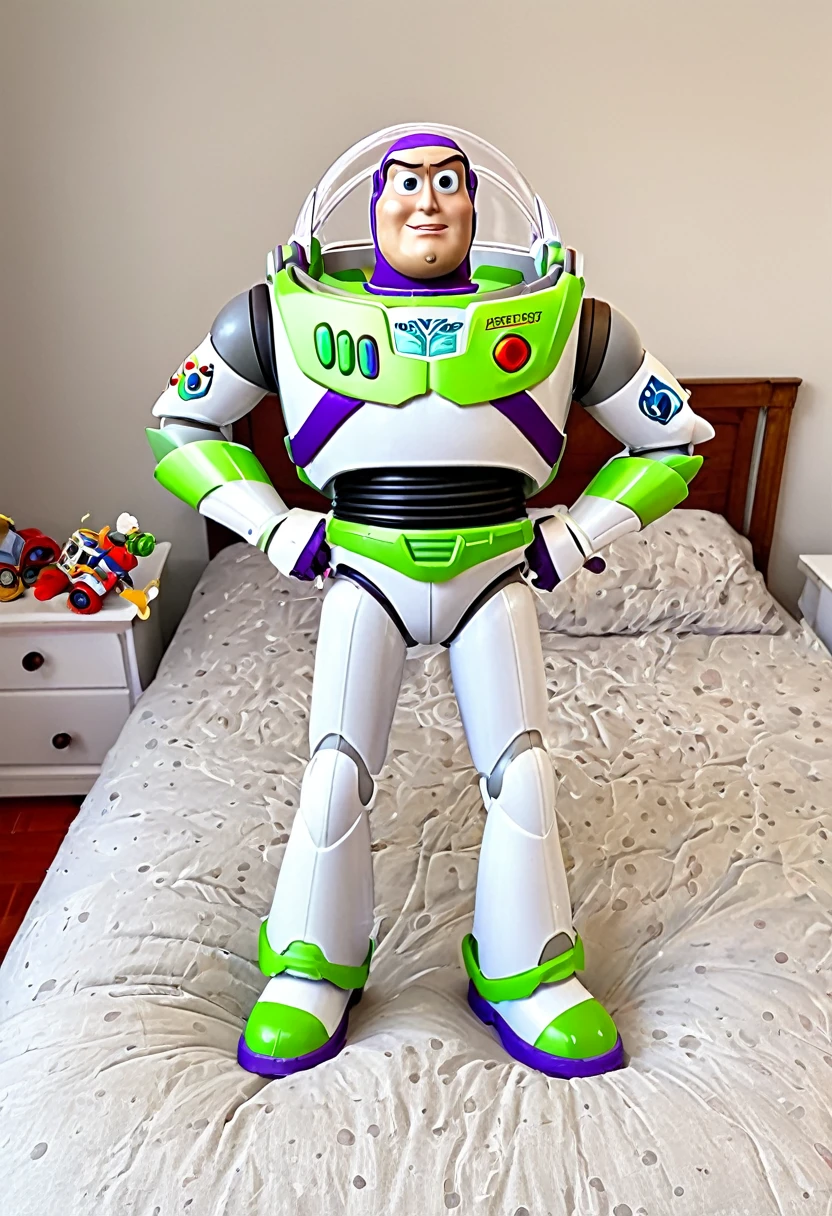Pixar's Buzz Lightyear acting all dramatic as he battles other toys, dramatic poses, messy bedroom, awestruck toys watch