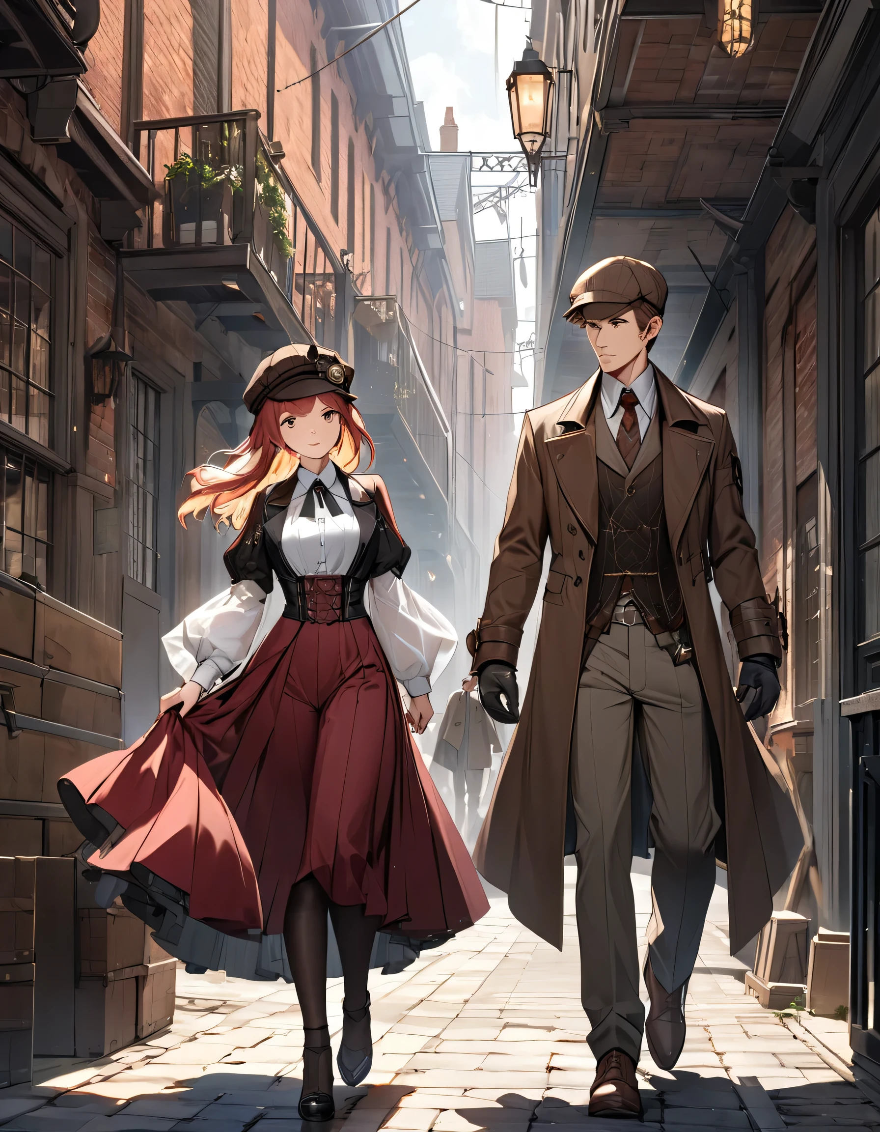 high quality,(High resolution:1.2),Incredible illustrations, (arknights)  1girl(Inverness Court,High Waist Skirt,Deerstalker hat)1boy(Frock coat,slacks,Deerstalker hat)(see through))Holmes and Watson walking through the Red Brick Warehouses(Steampunk)