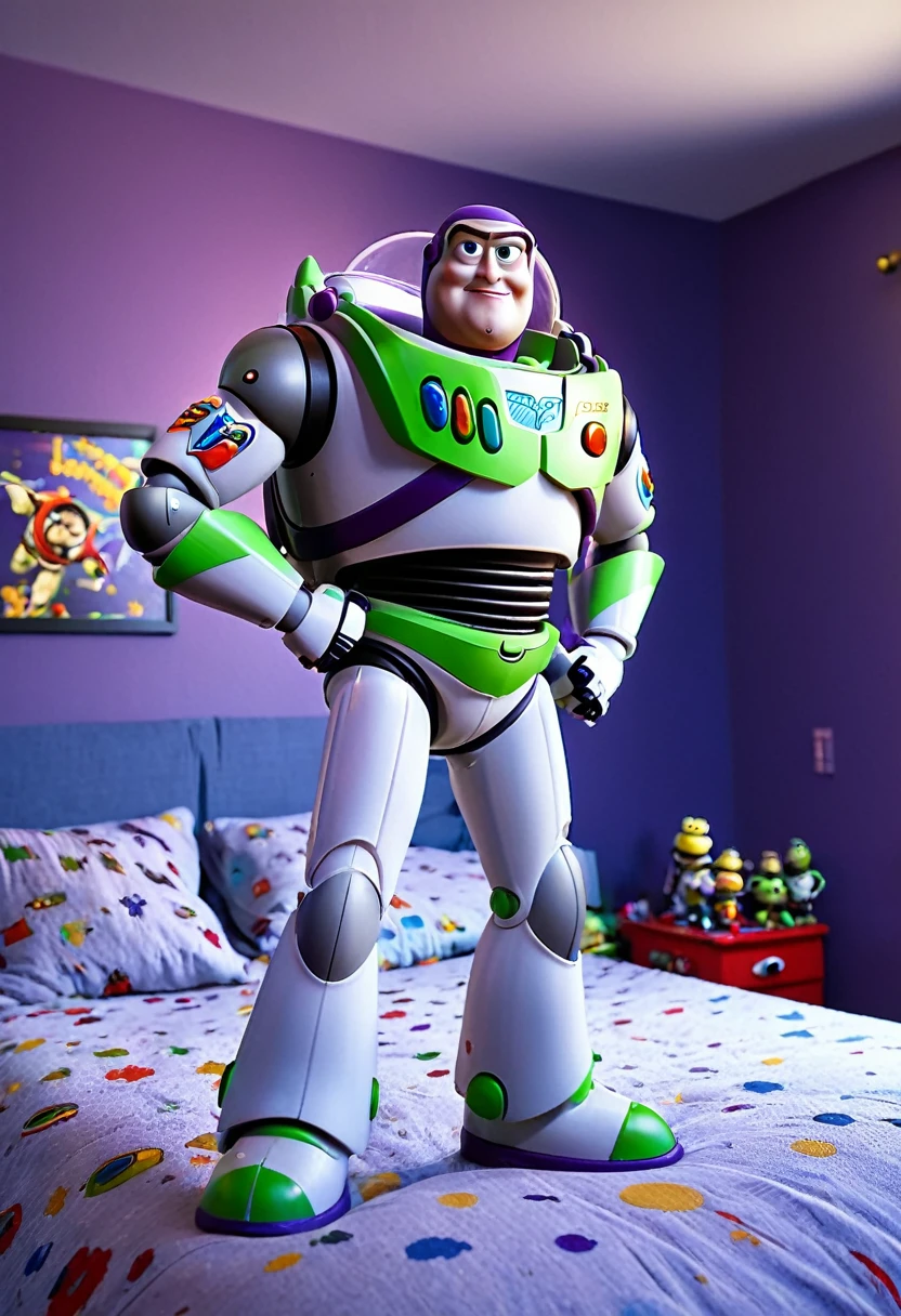 pixar's buzz lightyear, dramatic poses, messy bedroom, toys watching in awe, highly detailed, photorealistic, 8k, hyperrealistic, intricate details, vivid colors, dramatic lighting, cinematic angle, studio quality, award winning artwork