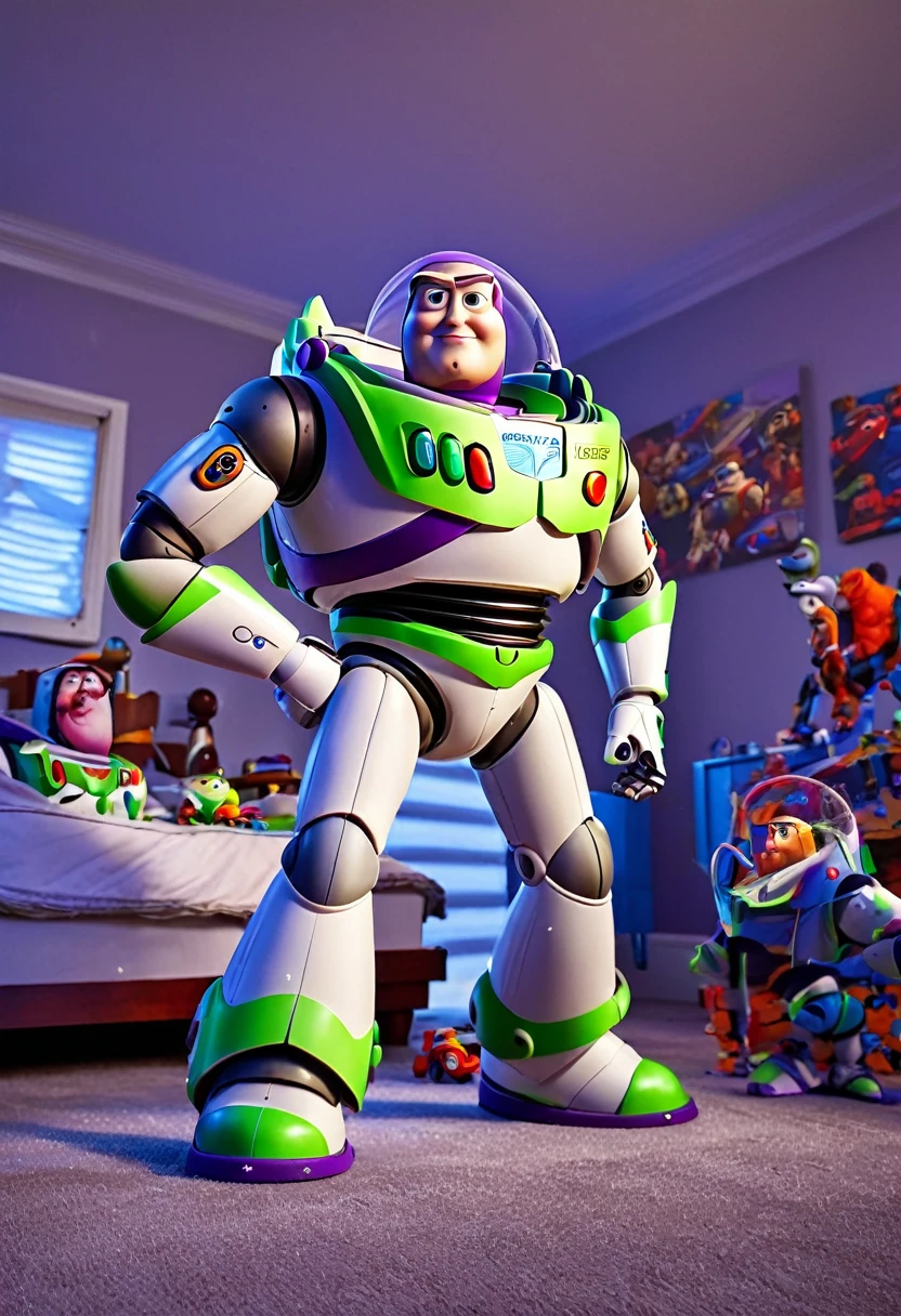 pixar's buzz lightyear, dramatic poses, messy bedroom, toys watching in awe, highly detailed, photorealistic, 8k, hyperrealistic, intricate details, vivid colors, dramatic lighting, cinematic angle, studio quality, award winning artwork