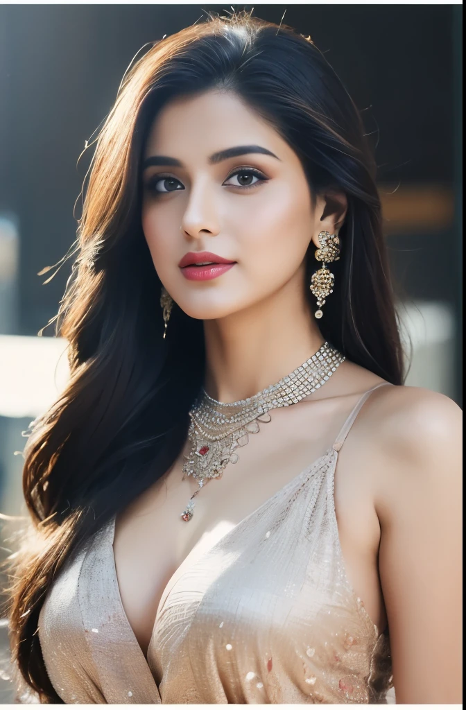 side topless portrait of A confident-looking indian woman, kamasutra princess with long flowing hair, hazel eyes, wearing designer jewellery, visible c-cup breast in a club, in a club, bokeh perfect composition, hyperrealistic, super detailed, 8k, high quality, trending art, trending on artstation, sharp focus, photo shoot, intricate details, highly detailed, art by greg rutkowski
