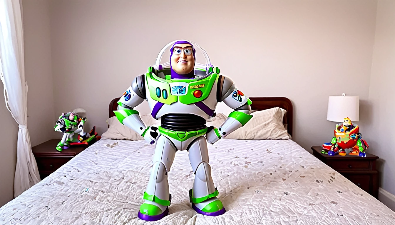 Pixar's Buzz Lightyear acting all dramatic as he battles other toys, dramatic poses, messy bedroom, awestruck toys watch