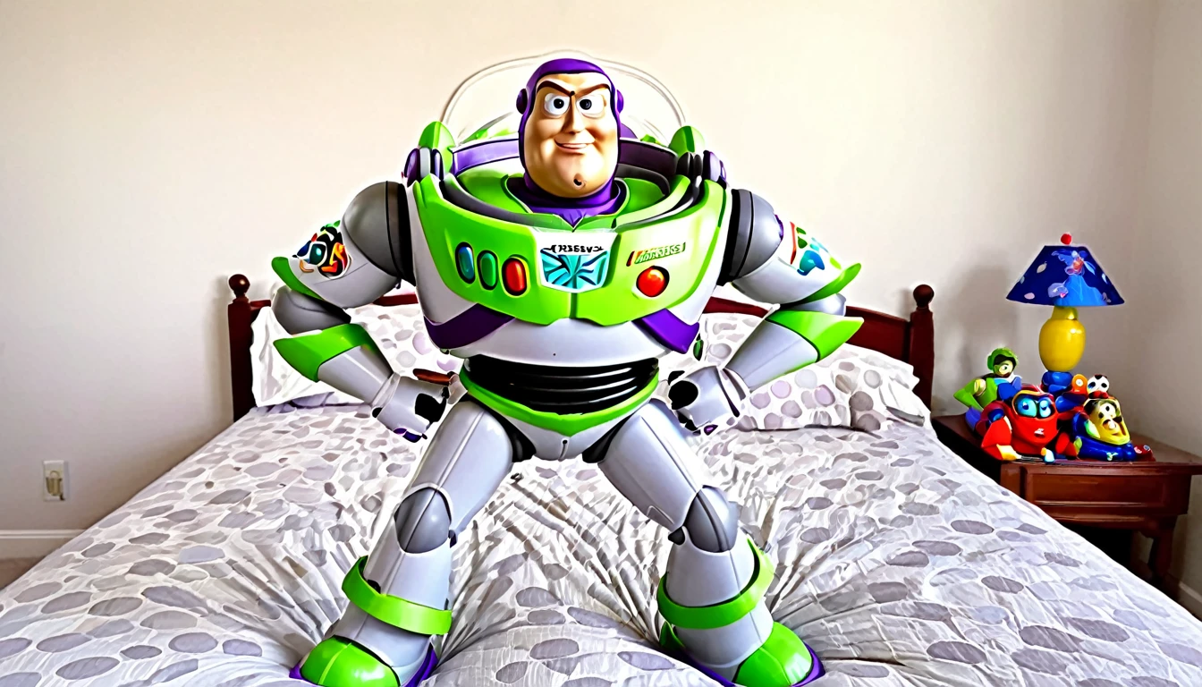 Pixar's Buzz Lightyear acting all dramatic as he battles other toys, dramatic poses, messy bedroom, awestruck toys watch