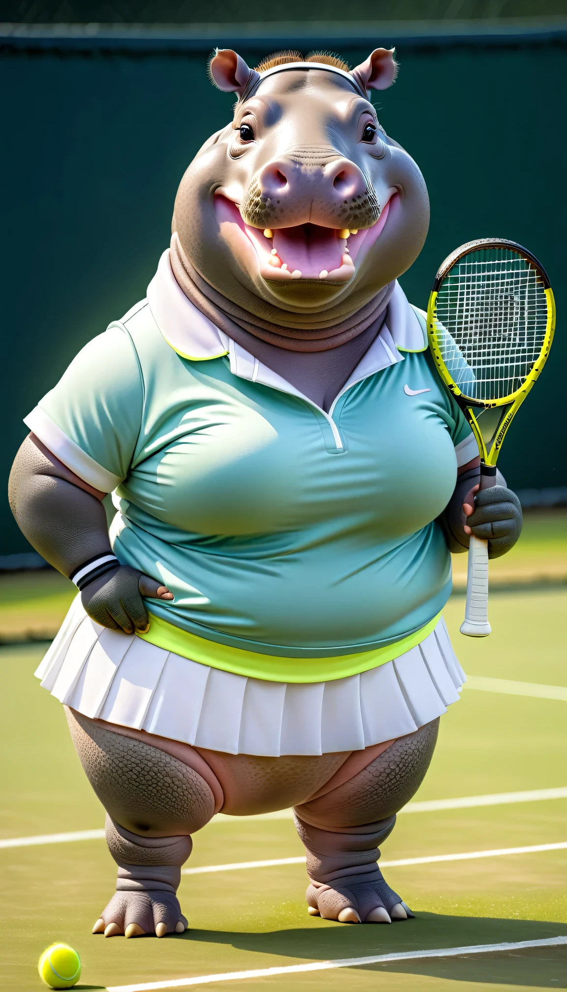 photorealistic portrait of Dressed animals - a (fat) hippo tennis player,(hand on hip:1.5),(happy smile),(furry), high quality,(lovely) ,intricate details, highly detailed (female tennis wear), holding tennis racket, grass tennis court background, (happy), perfect lighting,(full body image:2.0)