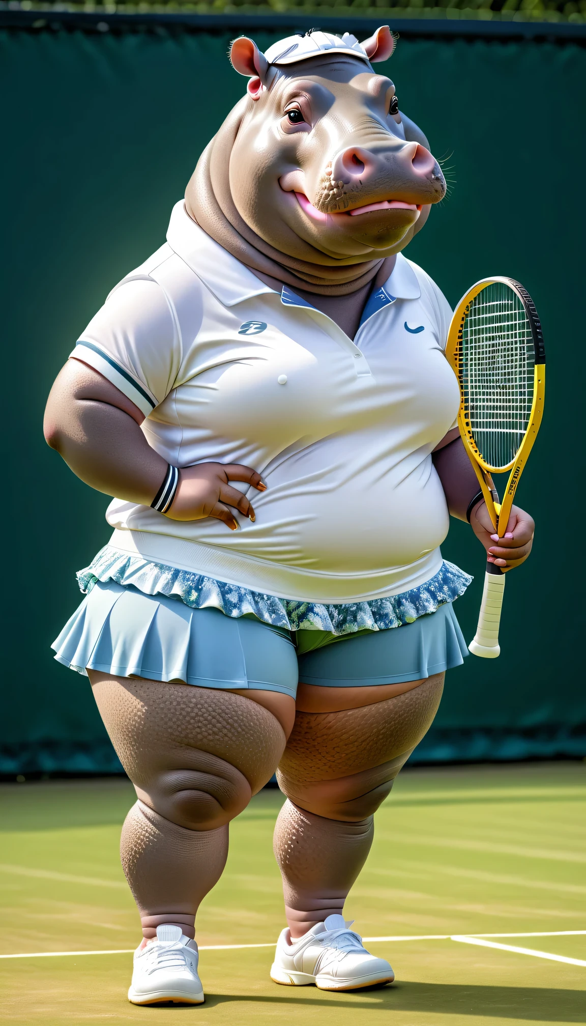 photorealistic portrait of Dressed animals - a (fat) hippo tennis player,(hand on hip:1.5),(happy smile),(furry), high quality,(lovely) ,intricate details, highly detailed (female tennis wear),frilled shorts, holding tennis racket,　grass tennis court background, (happy), perfect lighting,(full body image:2.0)