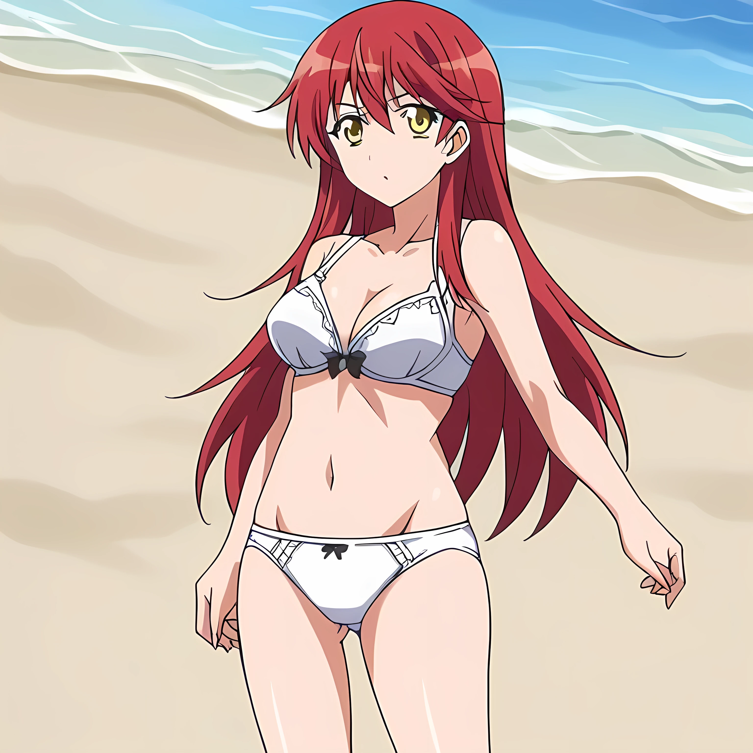  source_anime,
long hair, yellow eyes, red hair, on the beach , showing panties and white bra,
solo icon 