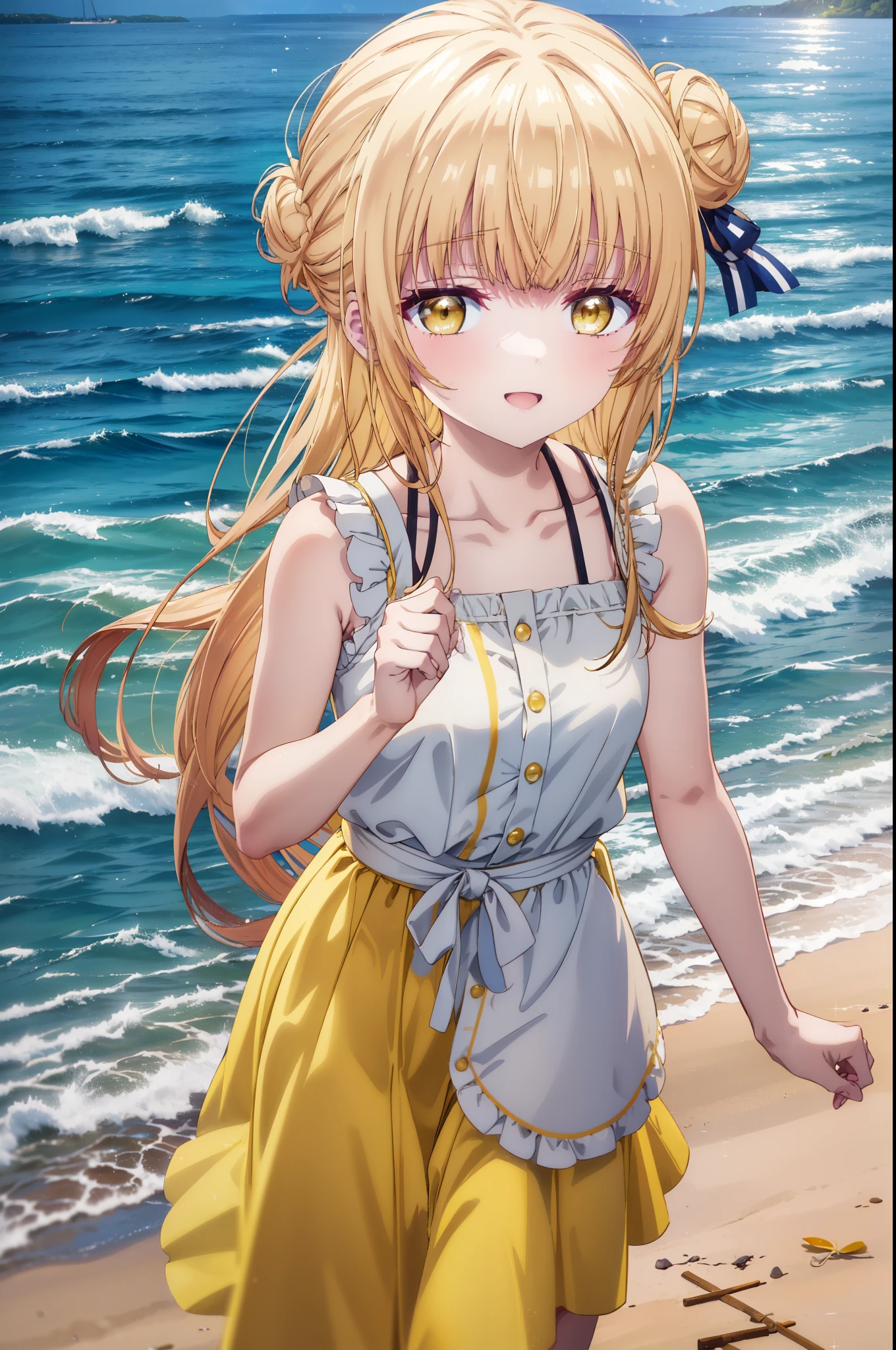 mahirushiina, Mahiru Shiina, Long Hair, bangs, Blonde, Brown Hair, (Yellow Eyes:1.3), smile,blush,Hair Bun, double  Hair Bun,Yellow bikini swimsuit,barefoot,Water Play,Ocean,Sandy Beach,whole bodyがイラストに入るように,Wet Hair,Wet Skin,Wet swimsuit,
break outdoors, Beach,
break looking at viewer, whole body,(Cowboy Shot:1. 5)
break (masterpiece:1.2), Highest quality, High resolution, unity 8k wallpaper, (figure:0.8), (Beautiful attention to detail:1.6), Highly detailed face, Perfect lighting, Highly detailed CG, (Perfect hands, Perfect Anatomy),