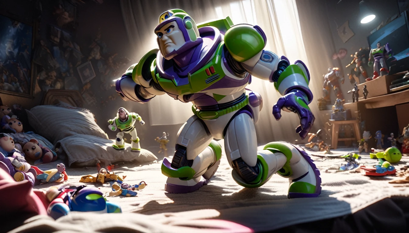 a dramatic Buzz Lightyear figure,highly detailed,cinematic lighting,1toy,messy chaotic bedroom,toys watching in awe,masterpiece,photorealistic,ultra-detailed,8k,sharp focus,dramatic action pose,heroic posture,dynamic composition,intricate details,vibrant colors,dramatic shadows,dramatic lighting