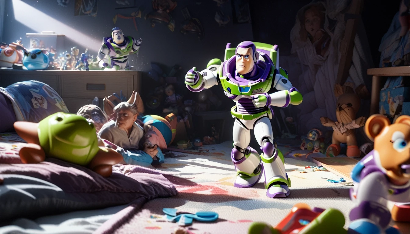 a dramatic Buzz Lightyear figure,highly detailed,cinematic lighting,1toy,messy chaotic bedroom,toys watching in awe,masterpiece,photorealistic,ultra-detailed,8k,sharp focus,dramatic action pose,heroic posture,dynamic composition,intricate details,vibrant colors,dramatic shadows,dramatic lighting