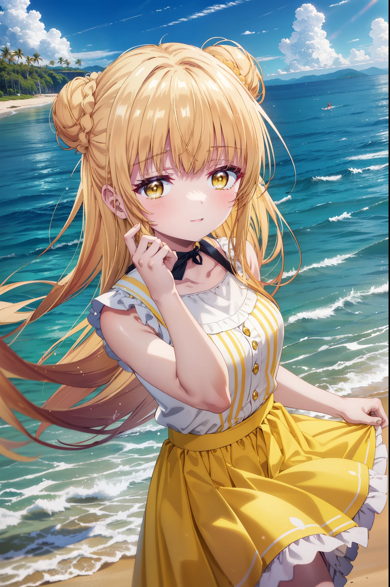 Mahiru shiina, , blonde, (Yellow Eyes:1.3)、Twin tails,,blush,smile,in the sea、Wearing a cute swimsuit,Daytime、Wear a swimsuit、Captivating thighs、Beautiful bare legs, Skimpy swimwear、bikini、School swimsuit
（masterpiece:1.2), highest quality, High resolution, unity 8k wallpaper, (shape:0.8), (Beautiful and beautiful eyes:1.6), Highly detailed face, Perfect lighting, Highly detailed CG, (Perfect hands, Perfect Anatomy),