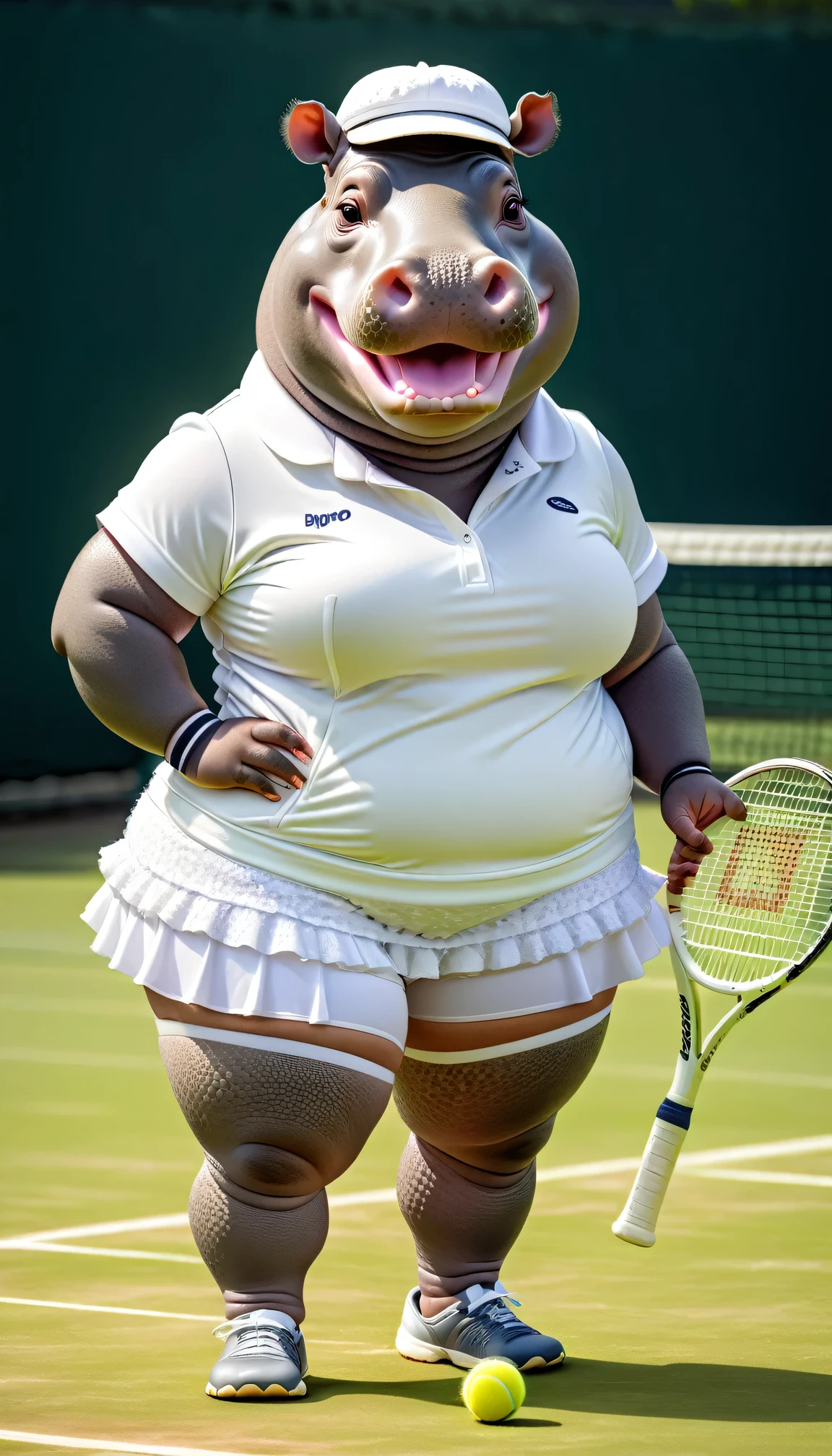 photorealistic portrait of Dressed animals - a (fat) gorilla tennis player,(hand on hip:1.5),(happy smile),(furry), high quality,(lovely) ,intricate details, highly detailed (female tennis wear), holding tennis racket,　grass tennis court background, (happy), perfect lighting,(full body image:2.0)
