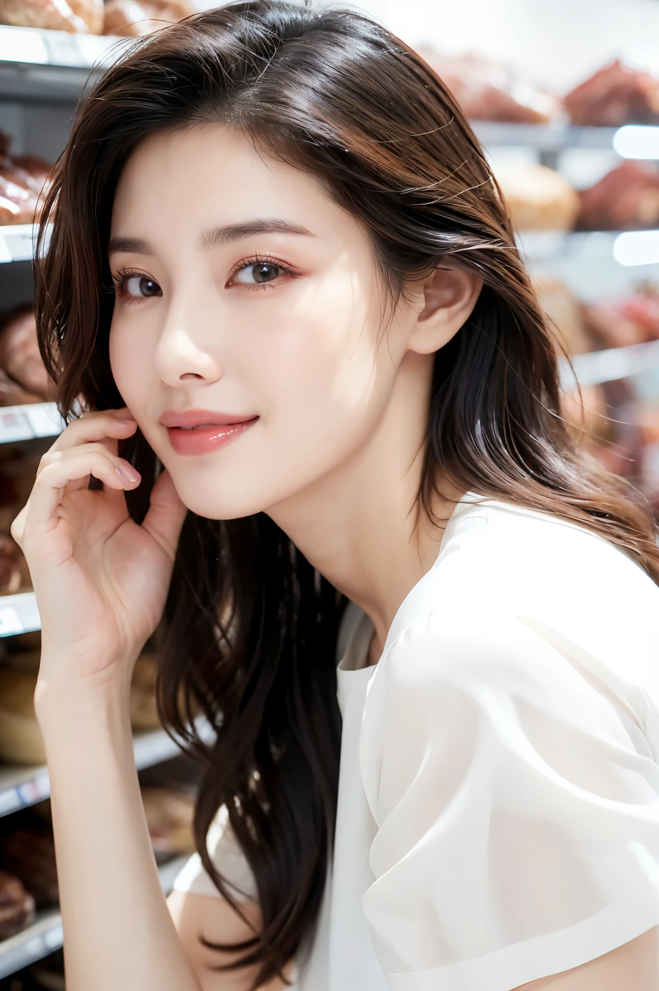 (highest quality、masterpiece、8k、Best image quality、Hyperrealism、Award-winning works)、(1 45 year old mature woman:1.2)、(45 year old mature woman:1.2)、(Wrinkled face:1.1)、(Slender body:1.1)、(Big Breasts:1.2)、The most elegant long wavy hairstyles、(Accentuate your body lines:1.1)、(Tight plain white t-shirt:1.2)、(Damaged Denim Shorts:1.1)、(Standing Elegantly:1.2)、(Meat specialty store:1.1)、(Strongly blurred background:1.2)、The most natural and perfect meat specialty store、Meat is sold in bulk、The most natural interior, Perfectly organized、(Shelves full of meat:1.1)、(There is a lot of meat lined up:1.1)、(Beautiful skin that shines Very brightly:1.4)、(Very bright:1.4)、walk gracefully down the aisle、The best smile when he sees me、Upper body photo、Accurate anatomy、Big Breasts、Accentuate your body lines、Perfect Makeup、Long eyelashes、Bright lipstick、Beautiful glossy lips、Ultra-high resolution glossy skin、Ultra-high resolution, Glowing Skin、Ultra-high resolutionの光沢のある唇、(Ultra-high resolution beautiful teeth:1.1)