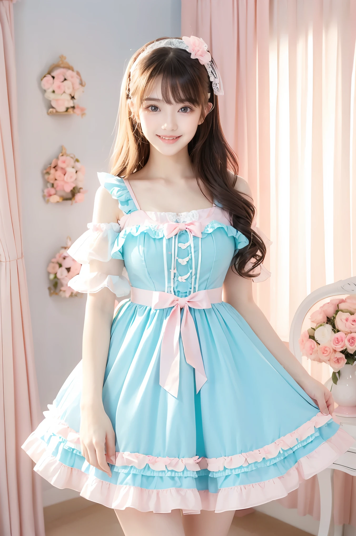 (highest quality、masterpiece、8k、Best image quality、Hyperrealism、Award-winning works)、One ****ta girl、(alone:1.1)、(1 photo:1.1)、(A cute and girly light pink ruffled transparent ****ta dress:1.2)、(Cute girly big ribbon:1.1)、(Cute and gorgeous hair accessories:1.1)、(Big ribbon on head:1.1)、Girly lace decoration、Cute girl frills、Cute girly ****ta wavy hair、(Low length:1.1)、(height: 140cm:1.1)、(Big Breasts:1.1)、(Soft cleavage:1.1)、Cute heart decoration、Lots of cute frills、Big pretty ribbon、Accentuate your body lines、Slender body、Standing Elegantly、(Pastel colored girly ****ta room background:1.1)、(Light blue and light pink ****ta dream room:1.1)、(Lots of cute pastel-colored furniture:1.1)、(Lots of cute furniture, perfectly organized:1.1)、(The background is a colorful ****ta room with pastel colors.:1.1)、(Cute girly curtains in pastel colors:1.1)、(very bright and vivid:1.1)、(Beautiful wall with cute ornate decorations in pastel colors:1.1)、Blurred Background、Standing gracefully、Accurate anatomy、Perfect Makeup、Long eyelashes、Glossy lips、Ultra HD glossy skin、(Ultra-high definition, bright and beautiful skin:1.2)、超高精細のGlossy lips、Ultra-high definition beautiful teeth、(Voluptuous body:1.1)