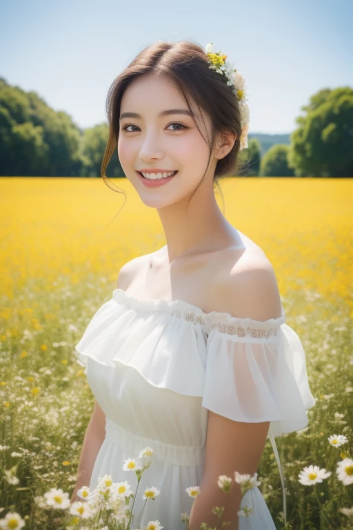 highest quality, masterpiece, Ultra-high resolution, (Realistic:1.4), RAW Photos, One girl, White Dress, Off the shoulder, Flower Field, Glowing Skin, A light smile