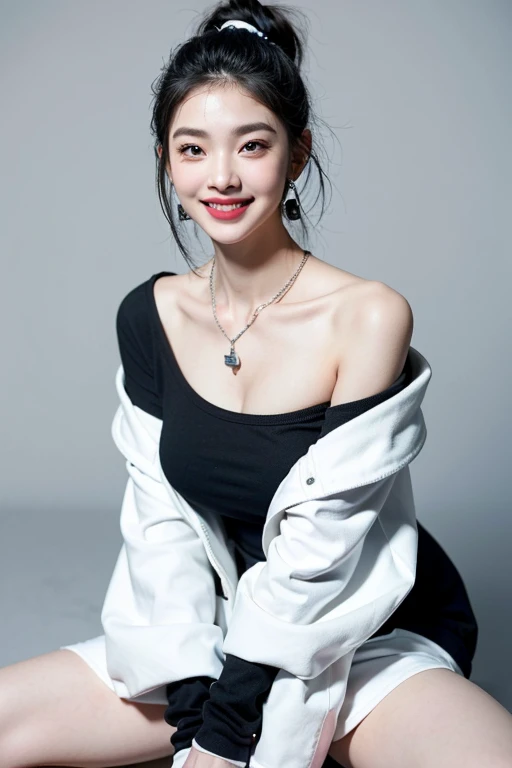 (Extra detailed body、The face is rich in detail、Best quality:1.2)、woman、looking at the audience、Full body model，(quirky fashion、Large shoulder-length piercing、A necklace、Clothes with strong contrast of gray, blue, white and black、Asymmetry)、(Contrasting white and gray wall on background)，Smiling，Big breasts，Smiling