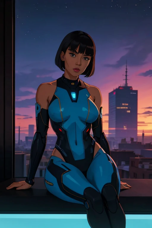 modern sci-fi environment, houses, futuristic town, cityscape, beautful night sunset sky, view from a bathwindow, beautiful android woman sitting by window facing viewer wearing tight bodysuit,soft breasts, bare shoulders, short black hair bob, straight bangs, no forehead, legs crossed, juicy thighs, round buttocks, 26 years old, brown eyes, choker, tan skin, surprised candid look, cybernetic eyes, cyborg, cybernetics, robot parts, arms akimbo