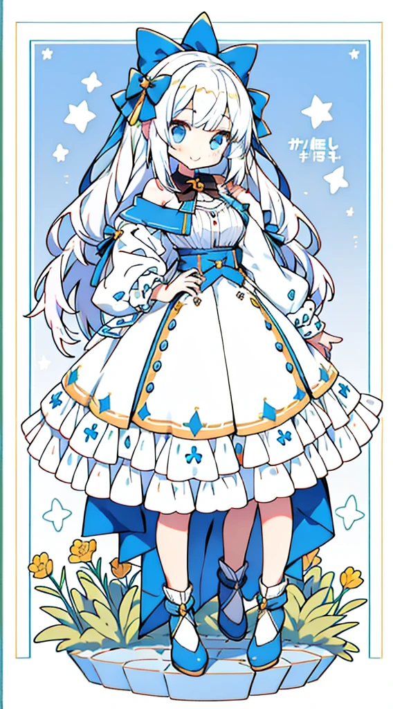 anime big breast, Small Man, White skirt Long skirt, White hair, hair over shoulders, Hair Bow, ssmile, hyper HD，Adolescent girls，chiquita，flatchest