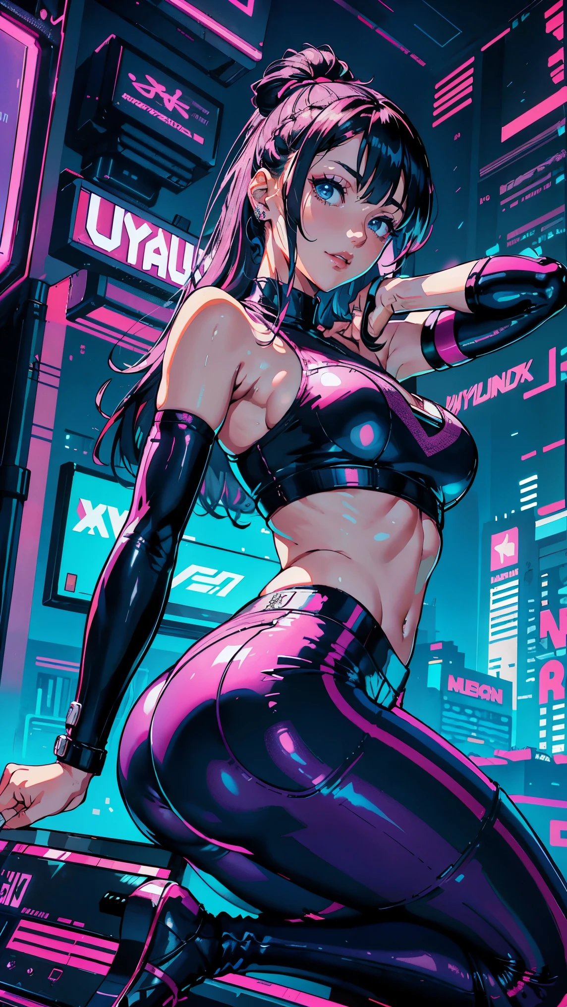 (Hinata Hyuga, Very sensual, In tight clothes, Big Ass, Thick legs, trainer, Leggings pants, Navel comes out, Long Hair, Rear speakers, Very realistic, View of the Cyberpunk City, Clearly defined lines, Neon Lights Very Sexy, 8k, 8k Very detailed), (Very delicate and beautiful), (masterpiece), (Better Quality: 1.0), (Ultra-high resolution:1.0), ((Synthwave Background Theme)), whole body