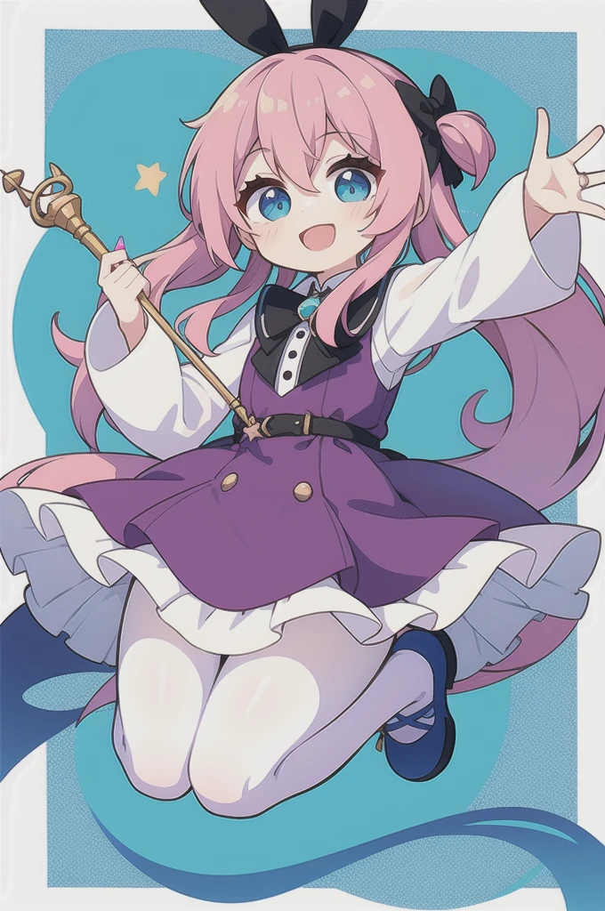 1girl, animal ears, pink hair, long hair, rabbit, open mouth, smile, rabbit ears, bow, solo, white background, dress, pantyhose, wand, blue eyes, looking at viewer, :d, full body, simple background, nail polish, striped, holding, arm up, hair bow, long sleeves, puffy sleeves, aqua footwear, shoes, blue footwear, jumping, animal, blush, argyle, star (symbol), holding wand, very long hair, ribbon,   #holographic
#holographic clothing
#color