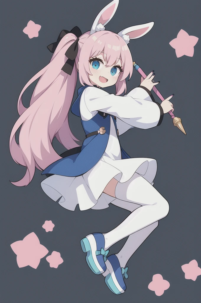 1girl, animal ears, pink hair, long hair, rabbit, open mouth, smile, rabbit ears, bow, solo, white background, dress, pantyhose, wand, blue eyes, looking at viewer, :d, full body, simple background, nail polish, striped, holding, arm up, hair bow, long sleeves, puffy sleeves, aqua footwear, shoes, blue footwear, jumping, animal, blush, argyle, star (symbol), holding wand, very long hair, ribbon,   #holographic
#holographic clothing
#color