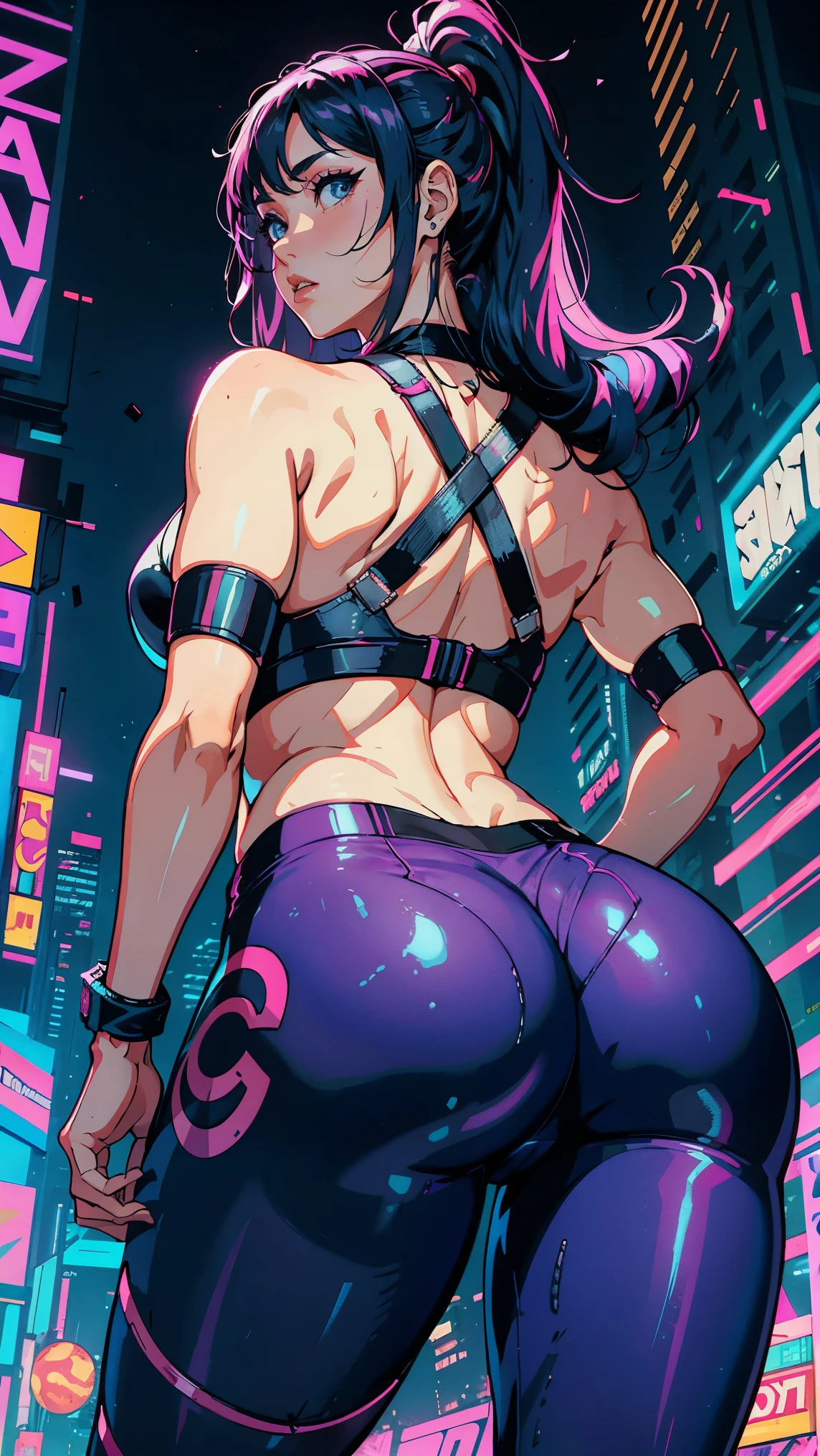 (Hinata Hyuga, Very sensual, In tight clothes, Big Ass, Thick legs, trainer, Leggings pants, Navel comes out, Long Hair, Rear speakers, Very realistic, View of the Cyberpunk City, Clearly defined lines, Neon Lights Very Sexy, 8k, 8k Very detailed), (Very delicate and beautiful), (masterpiece), (Better Quality: 1.0), (Ultra-high resolution:1.0), ((Synthwave Background Theme)), whole body