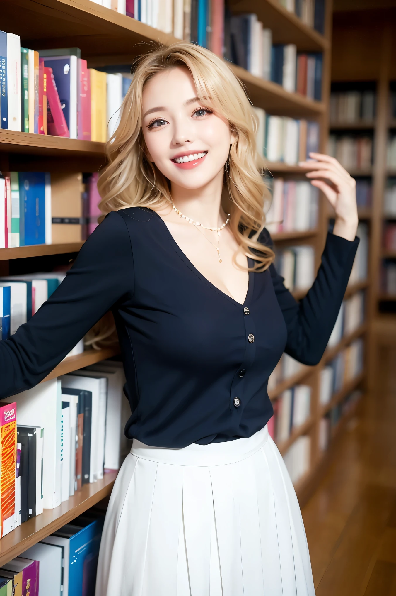 (highest quality、Tabletop、8k、Award-winning works、Ultra-high resolution、Best image quality)、(High school girl in high school uniform:1.1)、(White polyester open collar shirt:1.1)、(Cleavage:1.1)、Navy Pleated Skirt、(The most beautiful smile is looking at me:1.1)、(Laugh out loud, Show off your beautiful teeth:1.1)、Beautiful and elegant very long wavy hair、(Blonde Hair:1.1)、library、(Standing Elegantly:1.1)、Stand next to a bookshelf、(Perfectly organized bookshelf:1.1)、Bookshelf in the background、居心地の良いlibrary、lipstick、Long eyelashes、Heavy makeup、Perfect Makeup、Colored contact lenses、Accentuate your body lines、Big ample breasts、Soft and warm lighting、Detailed bookshelf、(Ultra-high resolutionの正確な美しい髪:1.1)、(Accurate anatomy:1.2)、Ultra-high definition beautiful eyes、Ultra-high definition beautiful teeth