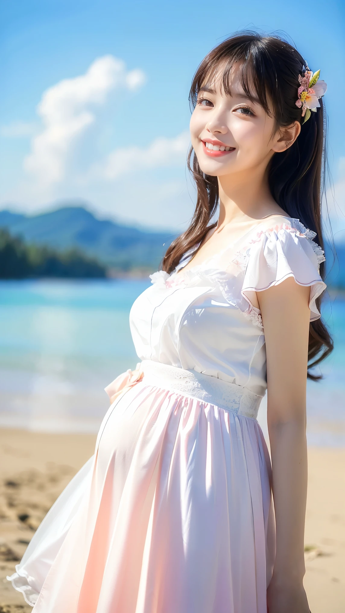 (highest quality、masterpiece、8k、Best image quality、Hyperrealism、Award-winning works)、1 pregnant woman、(alone:1.1)、(1 photo:1.1)、(height: 140cm:1.3)、(Low length:1.3)、(Lolita:1.1)、(Cute girl ornament:1.1)、(ガーリーな可愛いLolita少女:1.3)、(ガーリーな大きいLolitaリボン:1.1、(ガーリーな可愛いLolitaウェーブヘア:1.1)、Elegant white T-shirt with lace and frills、(A long flare skirt in a light pink, transparent, thin berry pattern.:1.2)、(late pregnancy:1.2)、Standing Elegantly、(Random beautiful natural scenery background:1.1)、(Magnificent and mysterious scenery:1.1)、(Beautiful sunny sky:1.1)、(Beautiful thunderclouds:1.1)、Standing gracefully、Full-body photo of a woman looking at me with her best smile、Accurate anatomy、Perfect Makeup、Long eyelashes、Glossy lips、Ultra HD glossy skin、(Ultra-high definition, bright and beautiful skin:1.2)、(very bright and vivid:1.1)、超高精細のGlossy lips、Ultra-high definition beautiful teeth