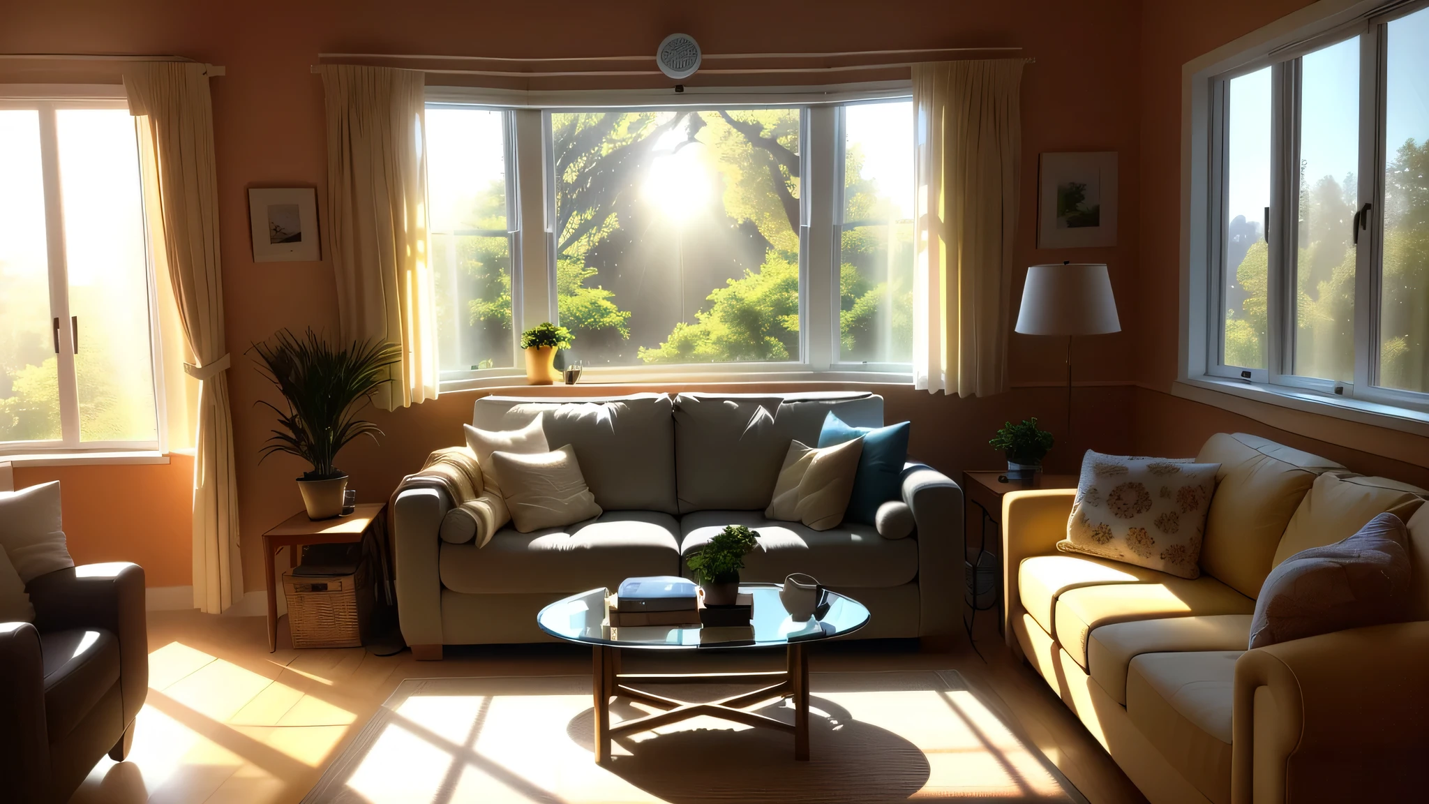There is a living room with a sofa, Chair, Table and fan, Sunny bay window, The room has natural light, Detailed natural lighting, dramatic warm morning light, Real Afternoon lighting, Afternoon lighting, Sunlight streaming through the window, Ray Tracing Global Illumination, dramatic morning light, The sun shines through the window, Bright room, Home interior, Live Room, The light comes in through the window