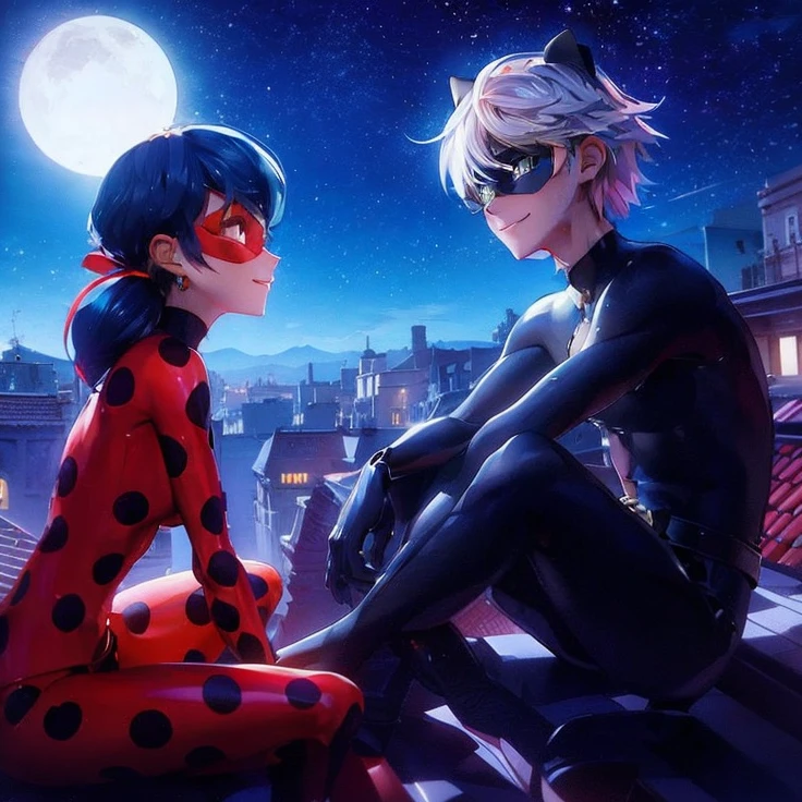 a highly detailed, photo-realistic anime style image of a 20-year-old adult boy named Adrien with chiseled pecs, topless, smirking, kissing a girl with dark blue hair and bright blue eyes named Marinette, who has an adult body with large breasts, hair down, in an indoor setting, masterpiece, best quality, 8k, HDR, physically-based rendering, vivid colors, sharp focus