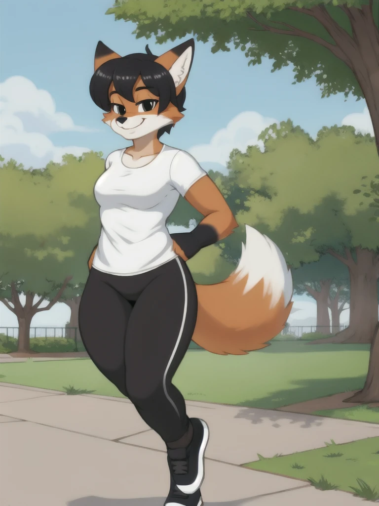 Furry, fox, smile, black leggings, white shirt, jogging, solo, park
