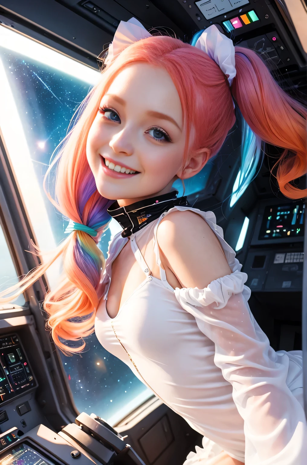 chemise(overhead view) Cute redhead with rainbow colored hair tips, ribbons in her hair, 18-year-old woman, happy, smiling, in twin tails, perfect eyes, clear sparkling blue eyes, pale skin, silky smooth white skin, alabaster skin, flying a fancy metal luxurious space ship, futuristic cockpit, she's a pilot, outer space seen in windows, dark warm lighting, wearing a futuristic silk body suit, low cut top (chemise), (pastel rainbow colors, and polka dots), puffy sleeves silk.