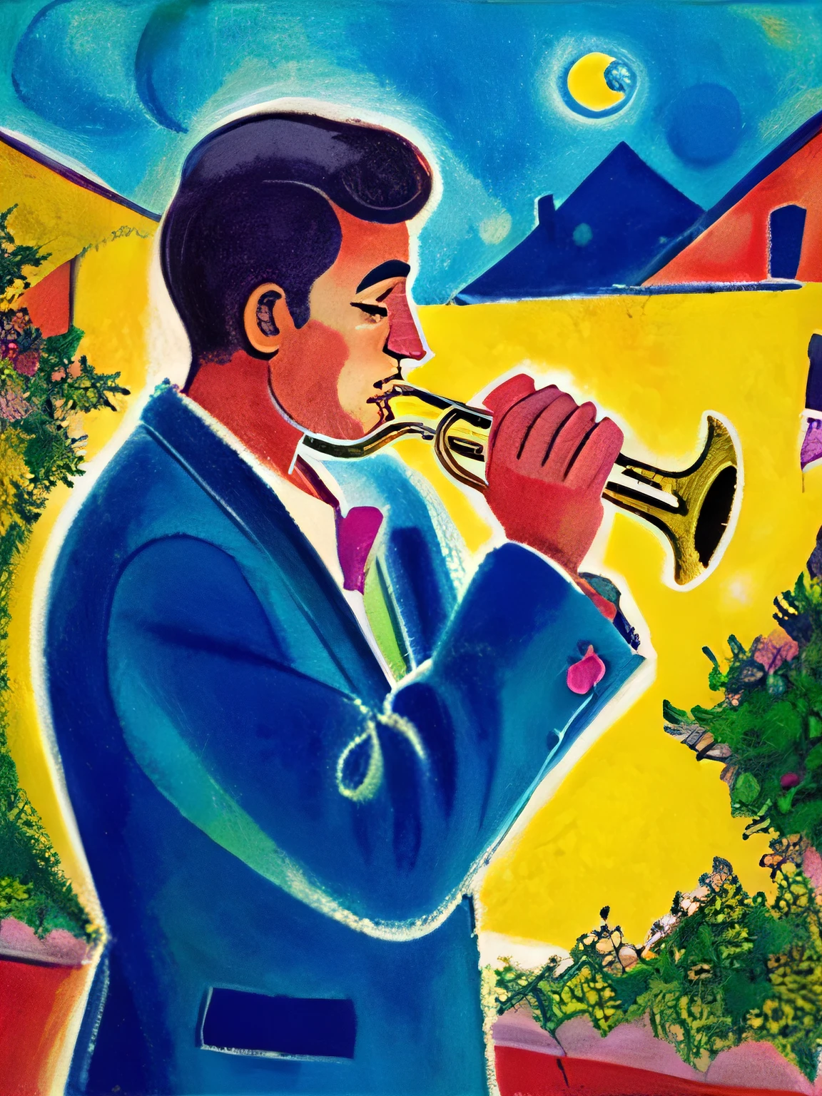 Generate a painting of a man playing the trumpet outside in the style of Marc Chagall.